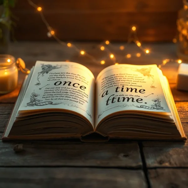 A storybook with the phrase once upon a time written on the page