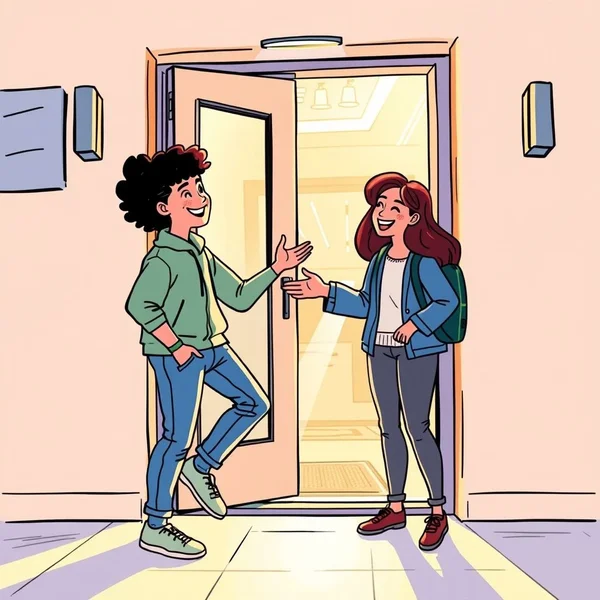 An image showing a person arriving and another action happening immediately, illustrating "as soon as he arrived"