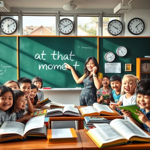 A clock showing a specific time to represent using 'at that moment'
