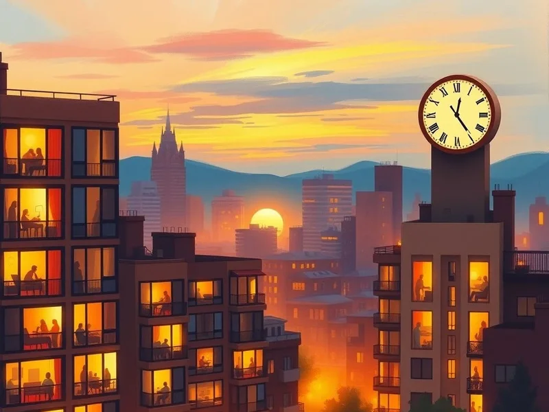 Городской пейзаж на закате, иллюстрирующий оборот in the evening