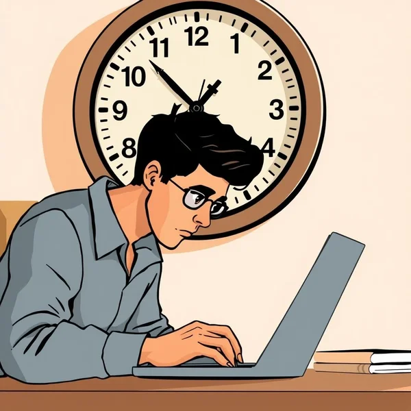 A person working on a laptop with a clock behind them, showing they are working until the last moment