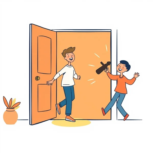 Un'immagine che mostra una persona che arriva e un'altra azione che avviene immediatamente, illustrando "as soon as he arrived"