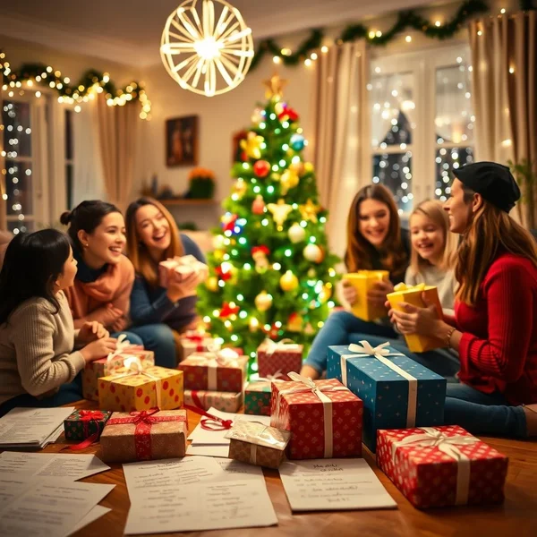 A family decorating a tree at Christmas