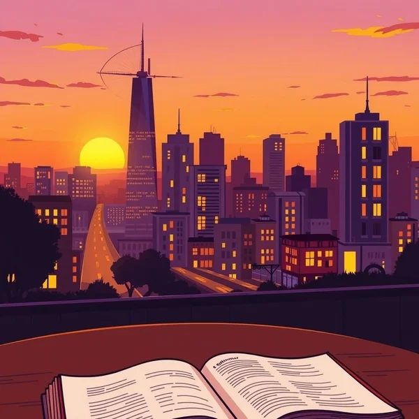 Un panorama urbano al tramonto per illustrare la frase in the evening