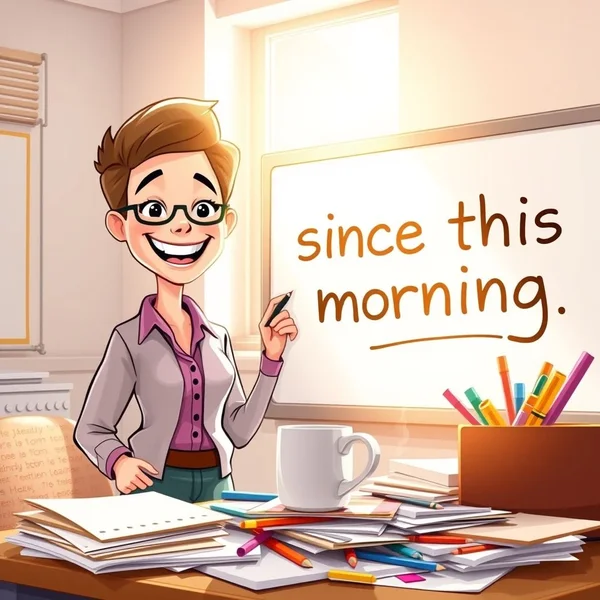 A coffee cup on a desk next to a laptop, illustrating a work day that started "since this morning"
