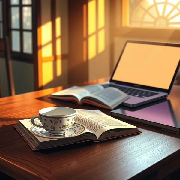 A coffee cup on a desk next to a laptop, illustrating a work day that started "since this morning"