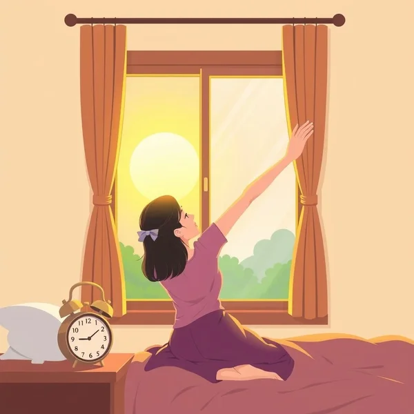 Người phụ nữ thức dậy vào lúc bình minh, minh họa cho cụm từ "at the crack of dawn"