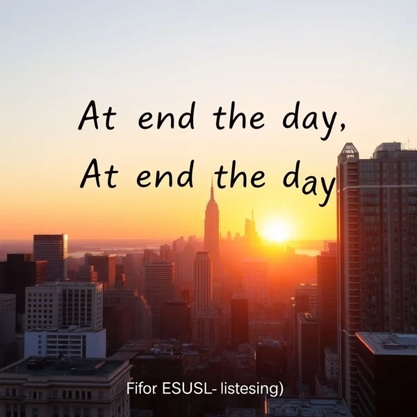 Một hoàng hôn trên đường chân trời thành phố với dòng chữ "At the end of the day" được chèn phía trên