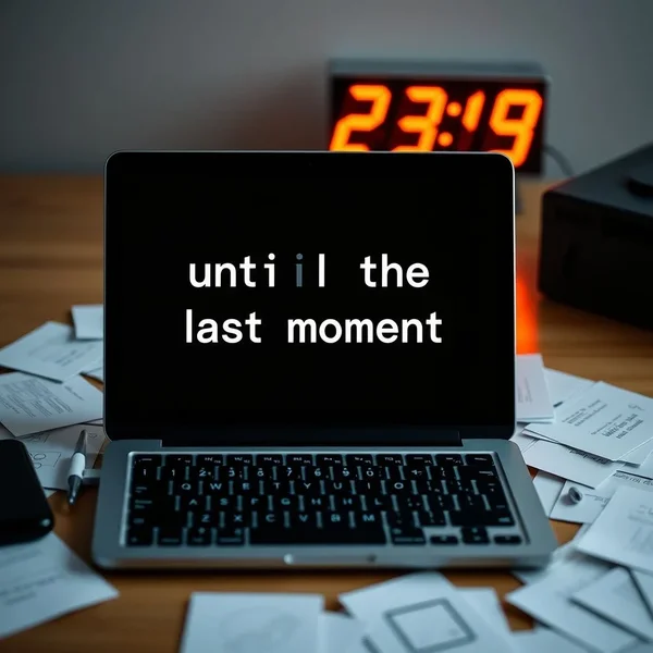Dijital saat arkada, dizüstü bilgisayarda çalışan bir kişi: işini until the last moment yapan birini gösteriyor