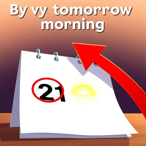 Een kalender waarop een datum is omcirkeld met een pijl naar de ochtend, die de deadline voor “by tomorrow morning” aangeeft
