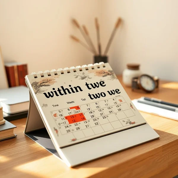 A calendar with a two-week period highlighted to show the meaning of within two weeks