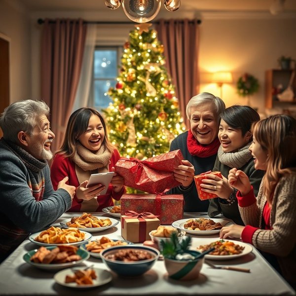 A family decorating a tree at Christmas