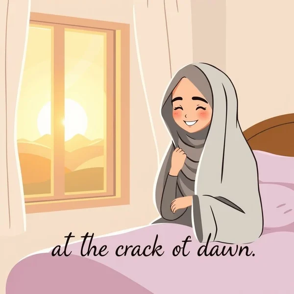 امرأة تستيقظ عند شروق الشمس، توضح عبارة "at the crack of dawn"