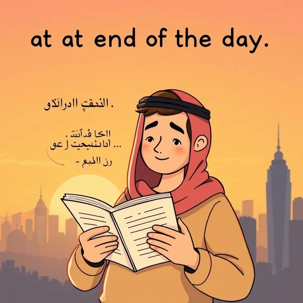 A sunset over a city skyline with the text "At the end of the day" superimposed