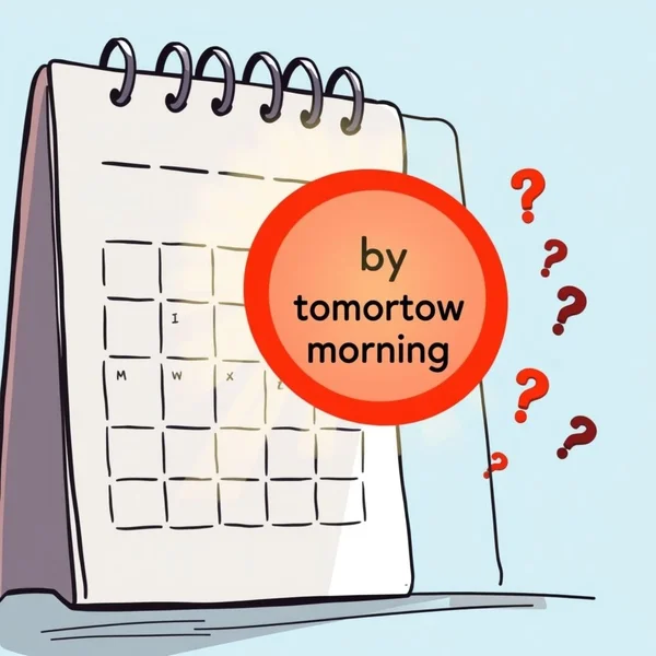 تقويم يُظهر تاريخًا دائريًا وسهمًا يشير إلى الصباح، يوضح الموعد النهائي لـ"by tomorrow morning"