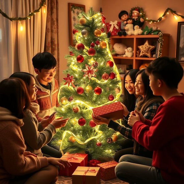 A family decorating a tree at Christmas