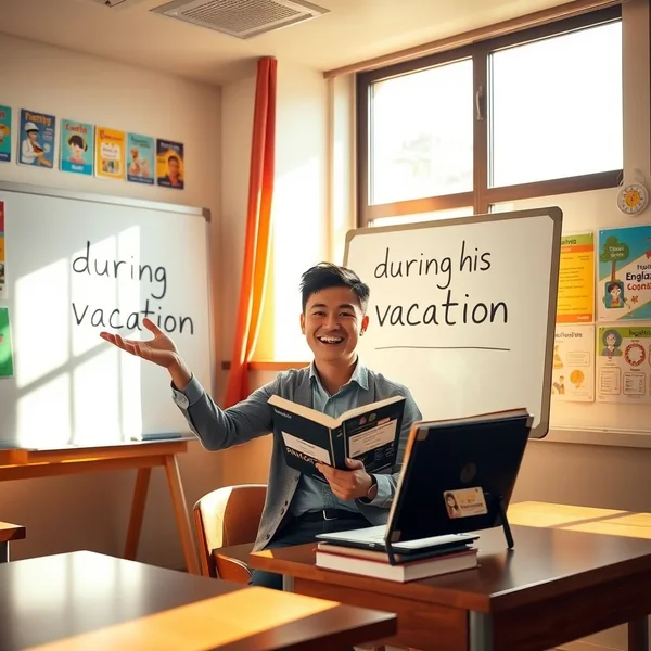 ภาพชายคนหนึ่งกำลังท่องเที่ยว แสดงตัวอย่างวลี "during his vacation"