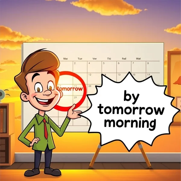 A calendar showing a circled date with an arrow pointing to the morning, illustrating the deadline for "by tomorrow morning"