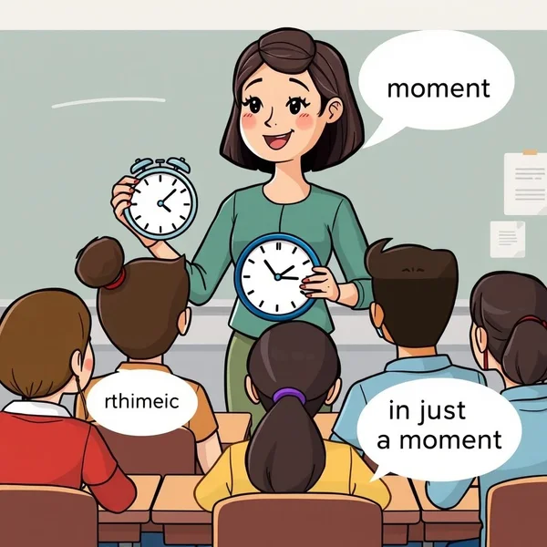 A clock with hands moving quickly to show the meaning of "in just a moment"