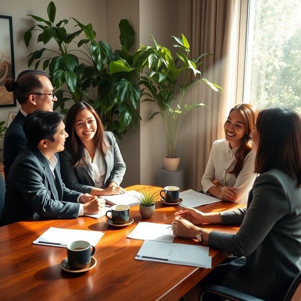 Business professionals talking in an office after the meeting has concluded.