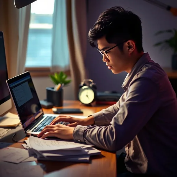 A person working on a laptop with a clock behind them, showing they are working until the last moment
