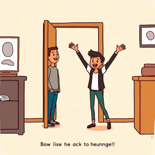 An image showing a person arriving and another action happening immediately, illustrating "as soon as he arrived"