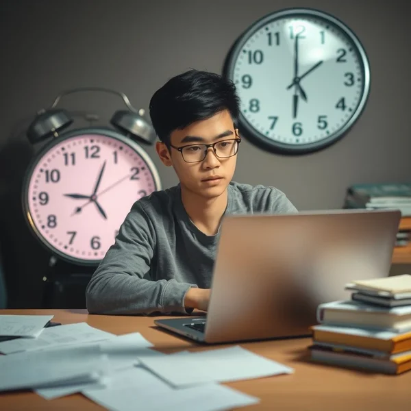 A person working on a laptop with a clock behind them, showing they are working until the last moment