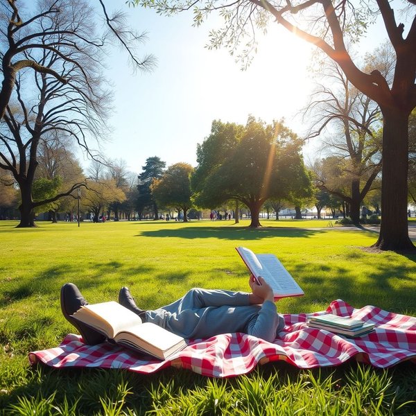 A person reading a book in a park during the weekend