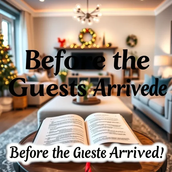 Een opgeruimde woonkamer die klaar is voor een feest, met de titel "Before the Guests Arrived" erbovenop