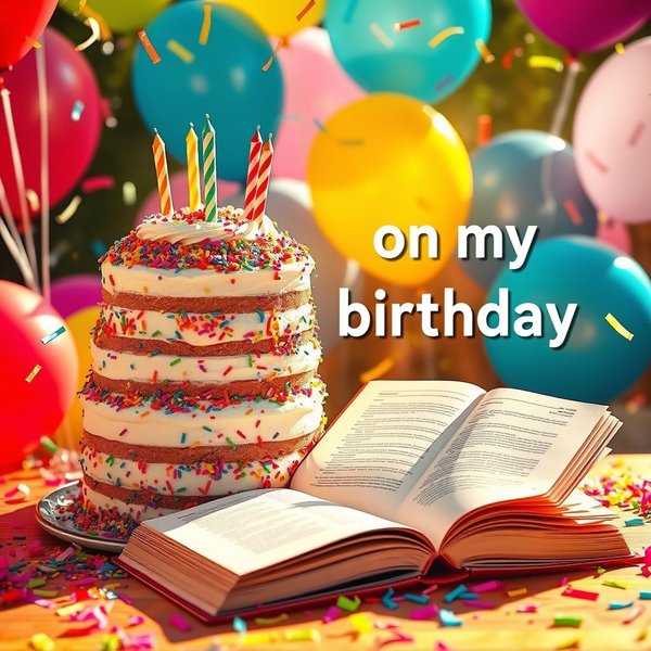 Een verjaardagstaart en feestversiering om de uitdrukking "on my birthday" te illustreren