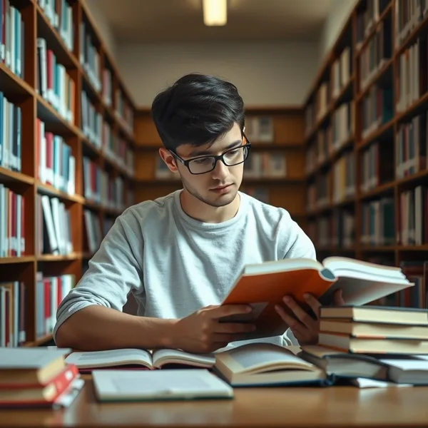 Siswa belajar dengan buku during exam season di perpustakaan
