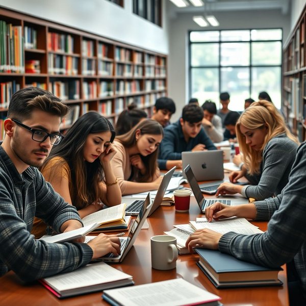 Students studying with books during exam season in a library