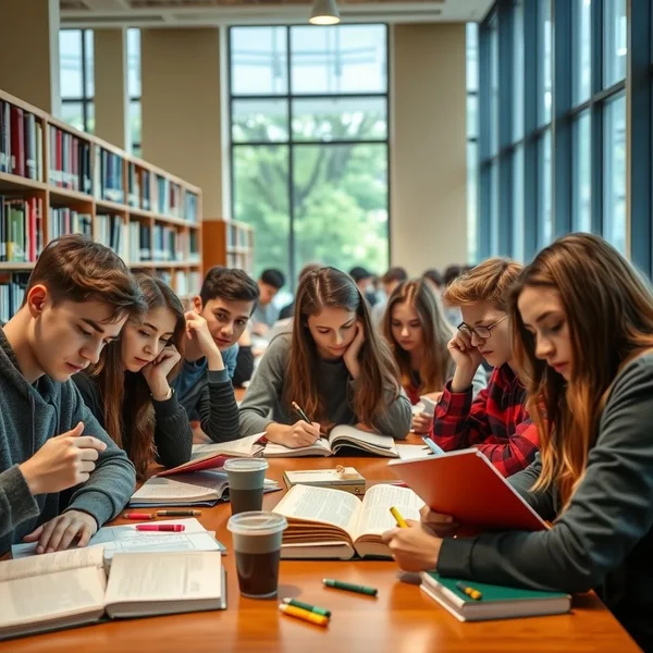 Des étudiants étudiant avec des livres during exam season dans une bibliothèque