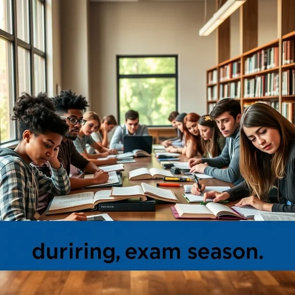 Estudantes estudando com livros during exam season em uma biblioteca