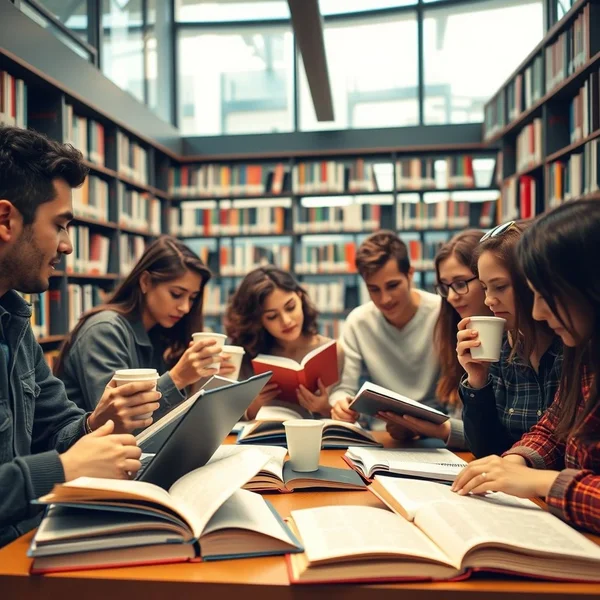 Estudiantes estudiando con libros durante exam season en una biblioteca