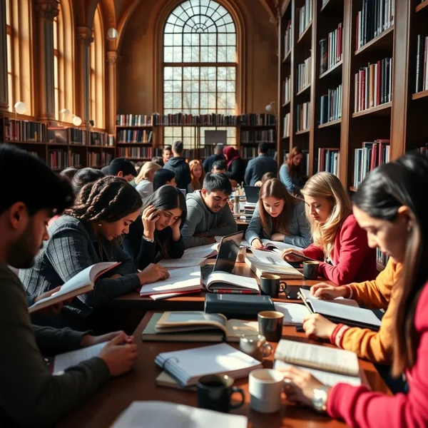 Studenten die studeren met boeken during exam season in een bibliotheek