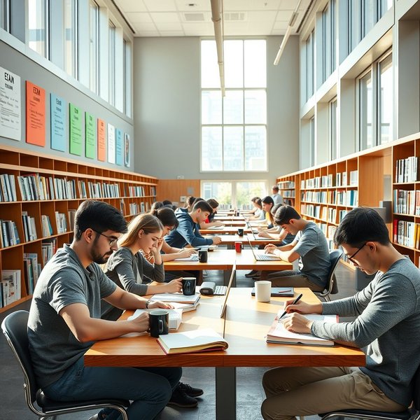 Öğrenciler kütüphanede during exam season kitaplarla ders çalışıyor