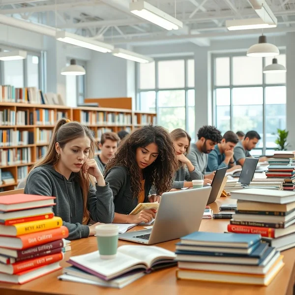 Students studying with books during exam season in a library