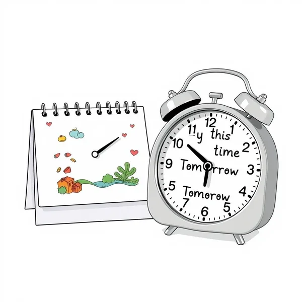Une image montrant une horloge et un calendrier pour représenter l’expression by this time tomorrow