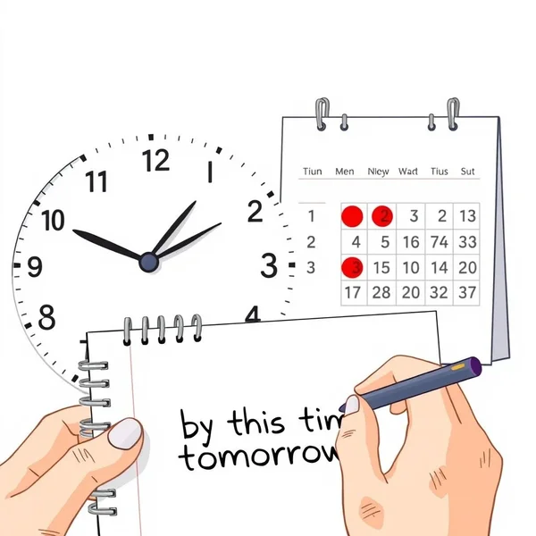 Ein Bild mit einer Uhr und einem Kalender, um die Wendung by this time tomorrow zu veranschaulichen