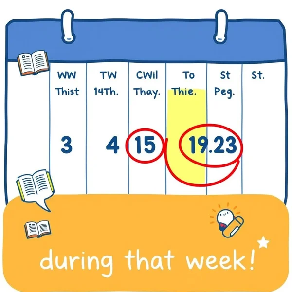 Gambar kalender yang menyoroti satu minggu tertentu untuk menjelaskan 'during that week'