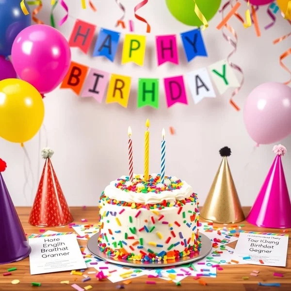 Kue ulang tahun dan dekorasi pesta untuk menggambarkan frasa "on my birthday"