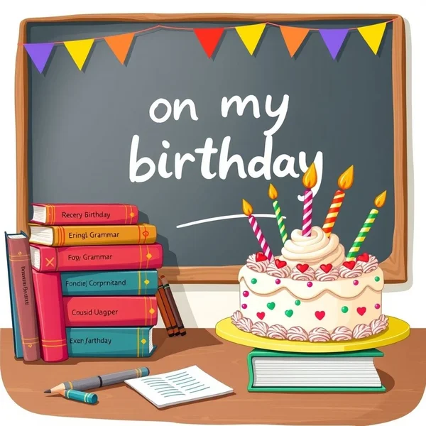 생일 케이크와 파티 장식으로 “on my birthday”를 설명하는 그림