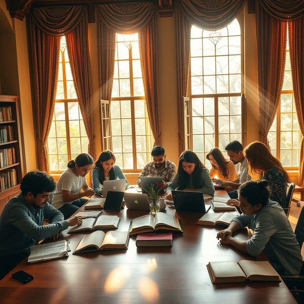Students studying at a library before next class