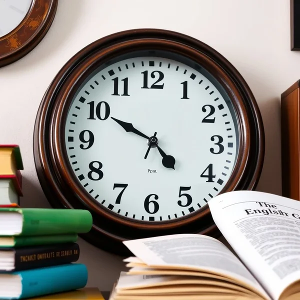 Eine Wanduhr, die eine Uhrzeit nahe drei Uhr anzeigt, um die Phrase around 3 p.m. zu veranschaulichen.