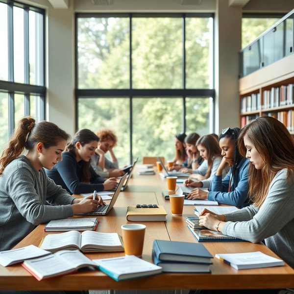 Studierende lernen mit Büchern während der Prüfungszeit in einer Bibliothek