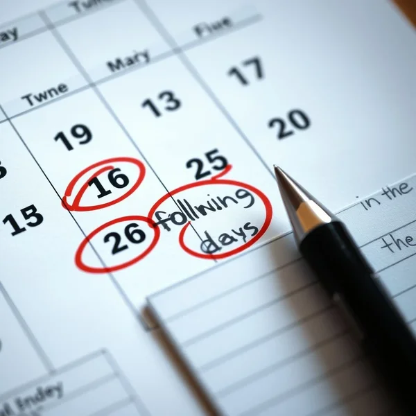 صورة لتقويم مع عدة أيام محددة بدائرة لشرح معنى 'in the following days'