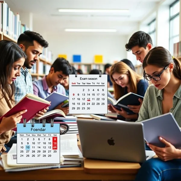 طلاب يدرسون بالكتب during exam season في مكتبة