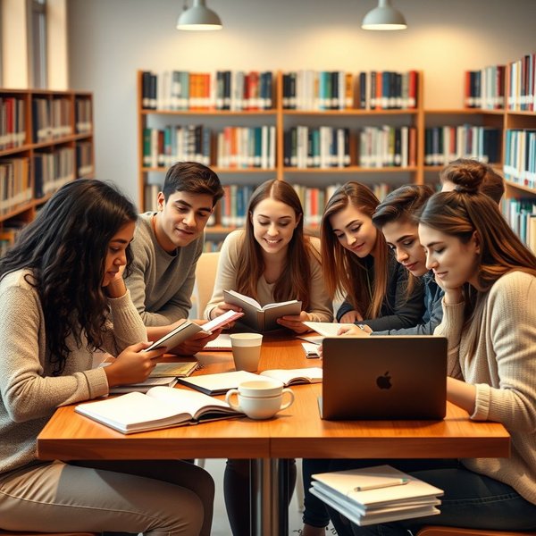 Students studying with books during exam season in a library