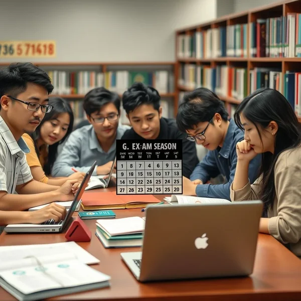 学生们在图书馆 during exam season 阅读学习